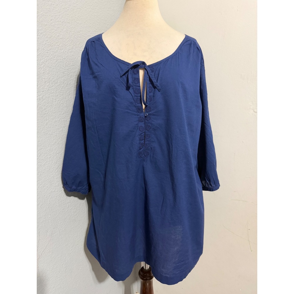 100% Cotton Old Navy Women XXL Blue Eyelet Tie Neck 3/4 Sleeve Relaxed Tunic Top